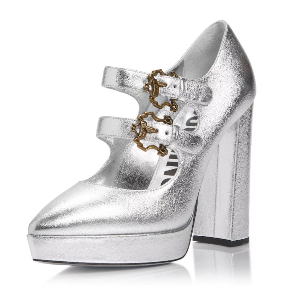 Moschino Metallic Crackle Leather Ornate Buckle Block Heel Platform Pump Lux NIB